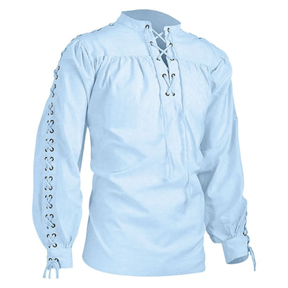 maoxiangshop Shirts Men Tunic Viking Pirate Costume Gothic Clothes Men Vintage Shirt Ruffle Neckline Drawstring Knight Cosplay Top
