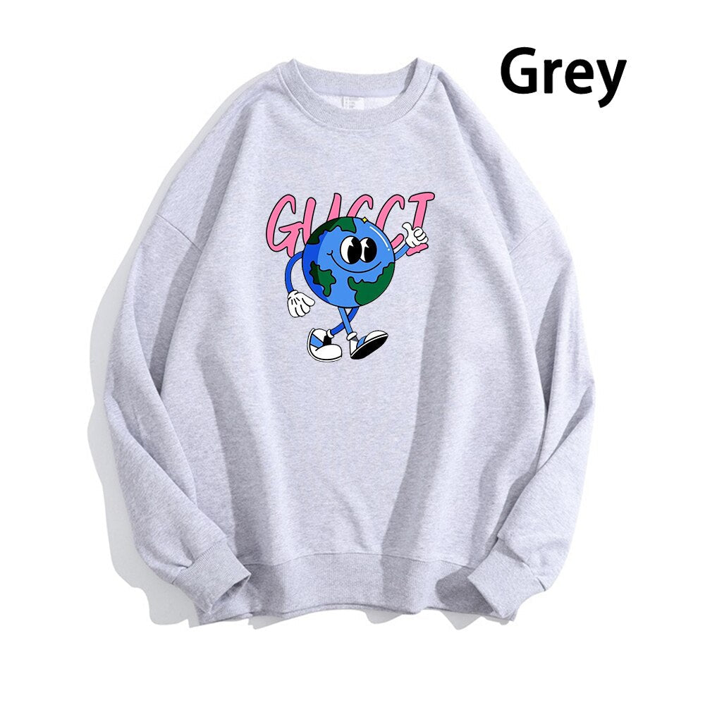 Earth Pattern Print Hoodies Autumn Winter Women's Fashion Versatile Multicolor O-Neck Sweatshirts Sweet Lovely Loose Fleece Tops
