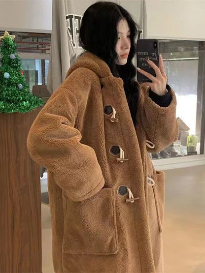 maoxiangshop Winter Fleece Jacket Women Korean Fashion Lamb Wool Long Coat Female Vintage Casual Long Sleeve Horn Button Hooded Outerwear