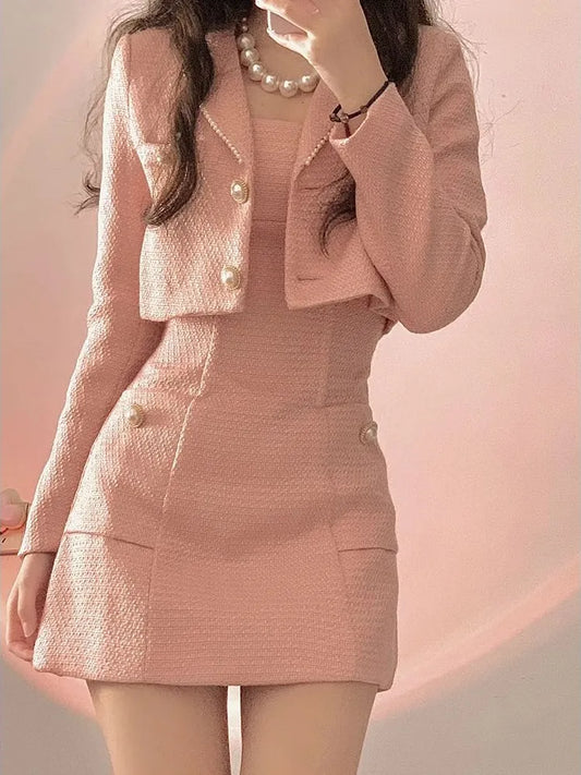 Autumn Pink Elegant Two Piece Set Women Korean Style Balzer Coat+Strap Mini Dress Set Female Solid Casual Slim Designer Set