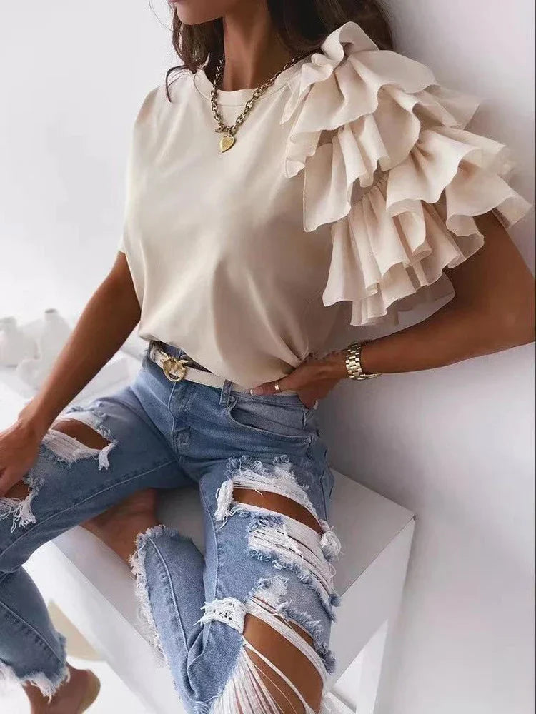 maoxiangshop Women Summer Ruffles Short Sleeve Loose T Shirt Chic Elegant Solid O Neck Tops Casual Simple All Match Tee Streetwear Blouse