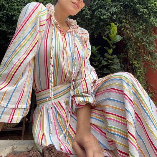 maoxiangshop Retro Rainbow Color Stripe Boho Dress Women Elegant V-neck Print Long Dress Casual 3/4 Sleeve Loose Beach Dress Cover Up