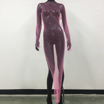 maoxiangshop-Y2K Sexy Shiny Rhinestones Grid Fishnet Dress Long Sleeve Hollow Out Side Slit Dress Beach Cover Up Breathable Lady Vestidos