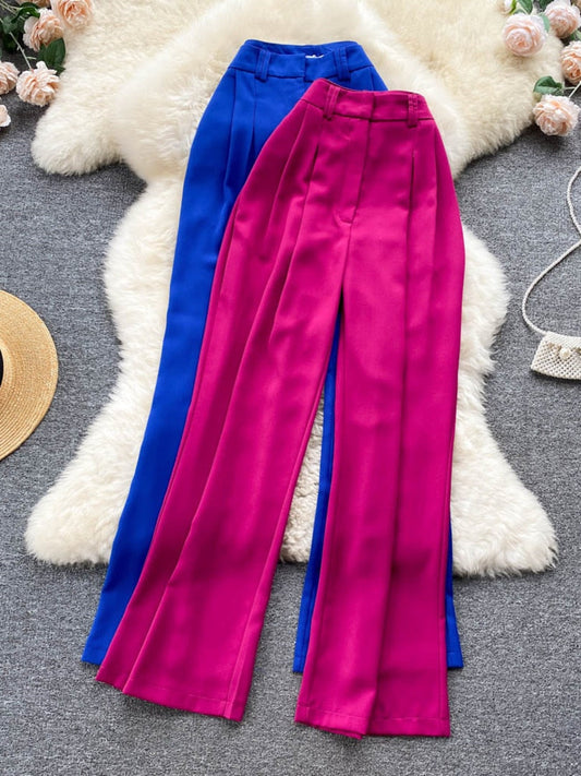 maoxiangshop Korean Fashion Women Flare Pants Solid High Waist Pleated Front Full Lengh Trousers Summer Casual Female Long Pants