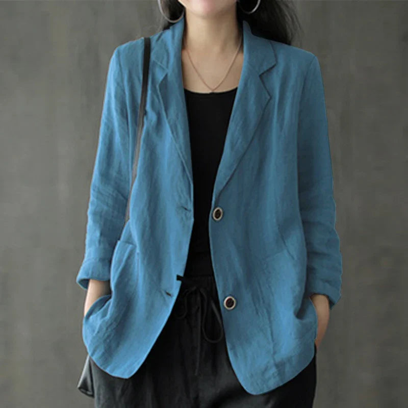 maoxiangshop Vintage Summer Lapel Neck Long Sleeve Work Suits Blazer Women Casual Solid Cotton Blazer Elegant Cardigan Thin Coats