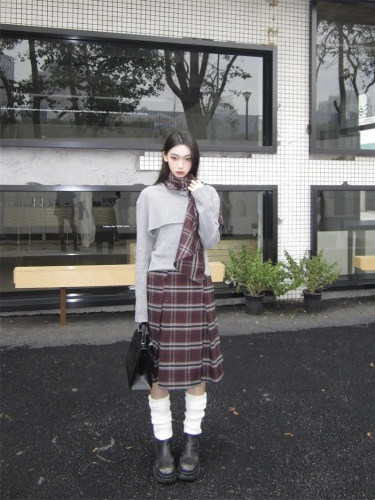 maoxiangshop  -  Retro Grey Set Women'S Autumn/Winter New Collection Stacked Collar Knitted Top With Checkered Half Skirt Two Piece Set
