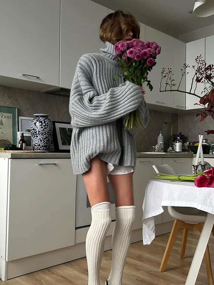 maoxiangshop  -  Women Elegant Grey Turtleneck Knitted Pullover Female Autumn Winter Long Sleeve Loose Sweater Basic Simple Lady Street Jumpers