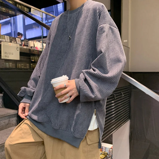 maoxiangshop Waffle Plaid Hoodies Side Zipper Sweatshirts Men Streetwear Solid Color Loose Casual Pullover Hoodies Men Autumn New