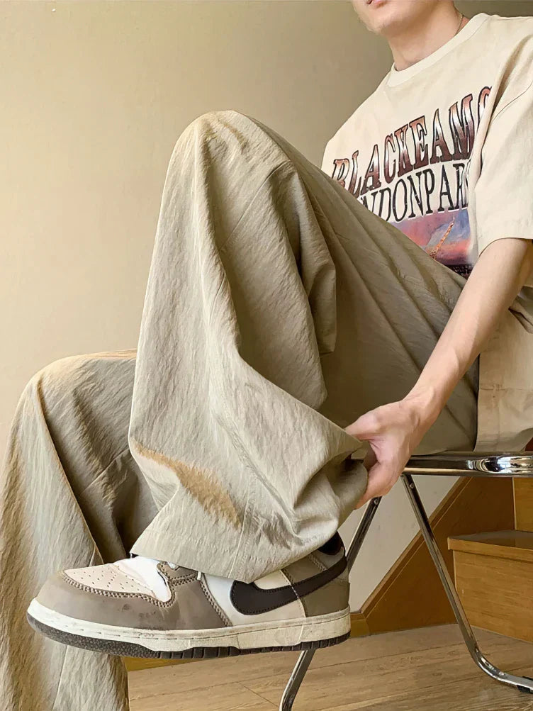 maoxiangshop Ice Silk Linen Straight Casual Pants Men Summer Thin Loose Wide Leg Straight Long Trousers Japanese Lazy Popular 2024 New