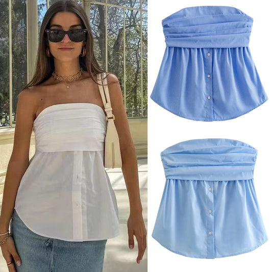 maoxiangshopFashion Women's Tube Crop Tops Summer Female Backless Sexy Top Ladies Casual Loose Folds Corset Top Clothes New In