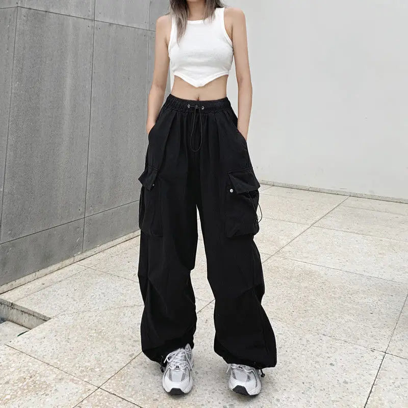 Women Casual Tech Pants Drawstring Black Low Waist Wide Leg Trousers Oversized Sweatpant Baggy Joggers Y2k Streetwear Cargo Pant