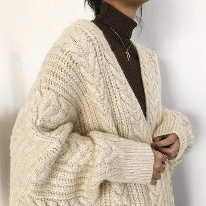 maoxiangshop Women Loose Warm Long Cardigan Coat Solid Long Sleeve Knit Thicken Sweater Coat Women Autumn Winter Streetwear Outerwear