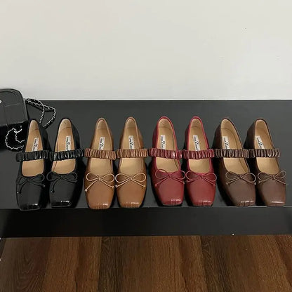 maoxiangshop  -  Korean Style Retro Mary Jane Shoes Square Toe Women's Shoes Bowknot PU Ballet Flats Spring/Autumn Flats Women Shoes