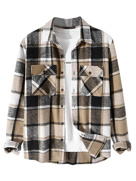 maoxiangshop Shirts for Men Flannel Long Sleeve Blouses Casual Plaid Shirts Fall Winter Shacket Streetwear Overshirt Tops with Pockets