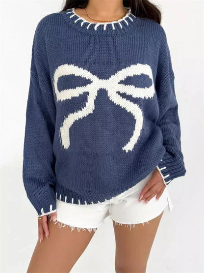 maoxiangshop  -  Bow Jacquard Loose Sweater Women's Autumn/Winter Casual Color Contrasting Knitted  Knitted Pullovers Fashion Streetwear