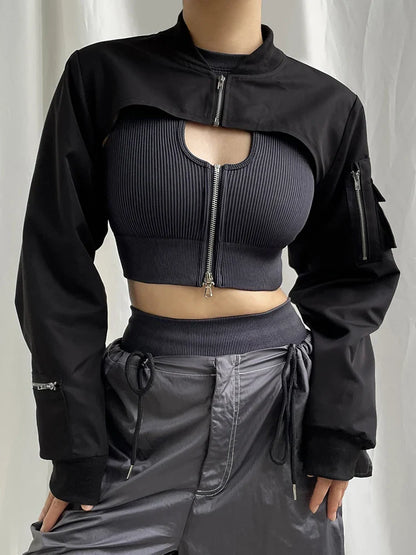 Zip Up Stand Collar Long Sleeve Black Cropped Jackets Women Pocket Safari Style Streetwear