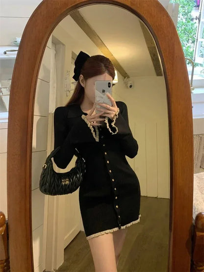 Coquette Black Mini Cabaret Dress Women Korean Style Y2k Sweet Ruffles Long Flare Sleeve Tunic Knitted Dresses Autumn