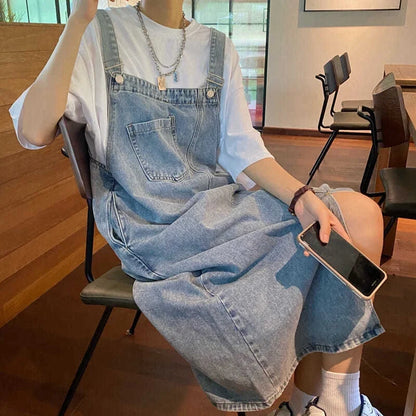 maoxiangshop Spring Summer Denim Overall Dress Women Sleeveless Jeans Dresses Fashion Female Solid Slip Casual Loose Spaghetti Strap Dresses