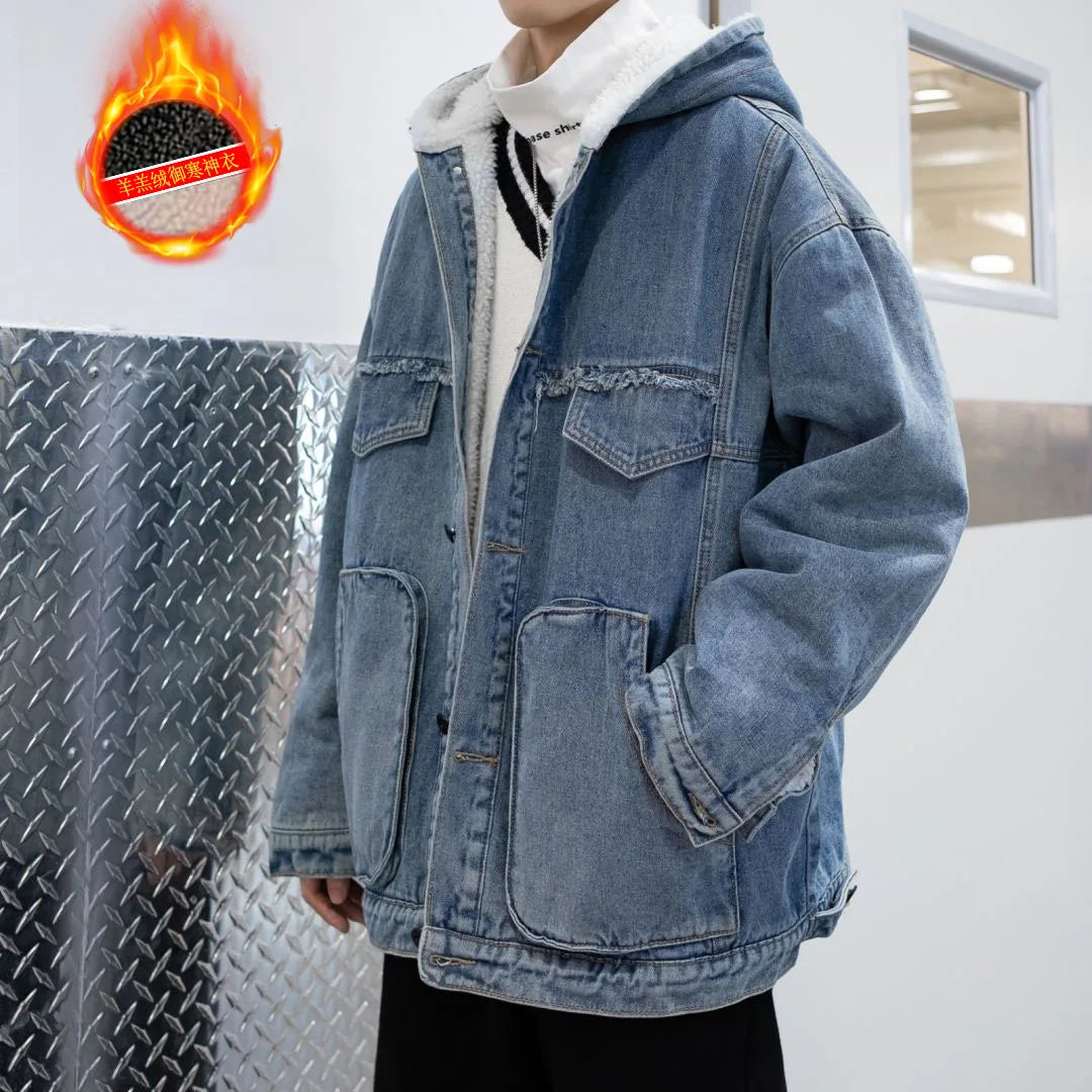 maoxiangshop Men Winter Fleece Hooded Jean Jackets Blue Cowboy Outerwear Thick Warm Denim Coats Big Pockets Men Denim Jacket Plus Size 4XL-S