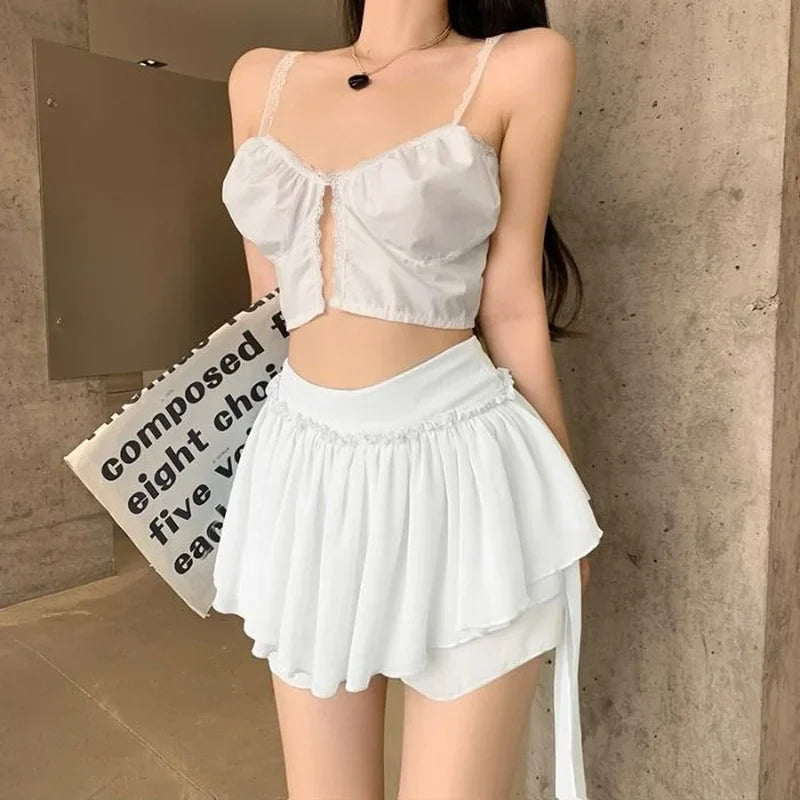 maoxiangshop Ruffle Mini Skirt Women Chiffon Patchwork Ribbon Blue High Waist Fairycore Tulle Skirt Shorts Cute Sexy Skort Summer