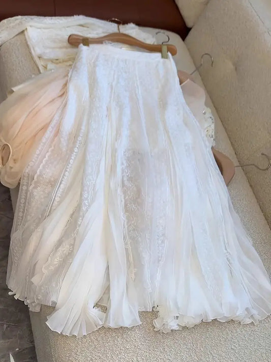 maoxiangshop  -  High end Lace Edge Embroidered White Skirt Spring and Autumn New Korean Fashion Sweet High Waist Loose Slim A-line Long Skirts