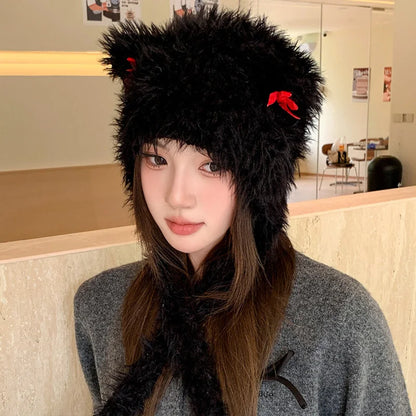 maoxiangshop  -  Winter Fur Hat Cat Women Ears Bow Knitted Beanies with Strap Outdoor Windproof Warm Thickened Bonnet Fashion Ear Protection Caps