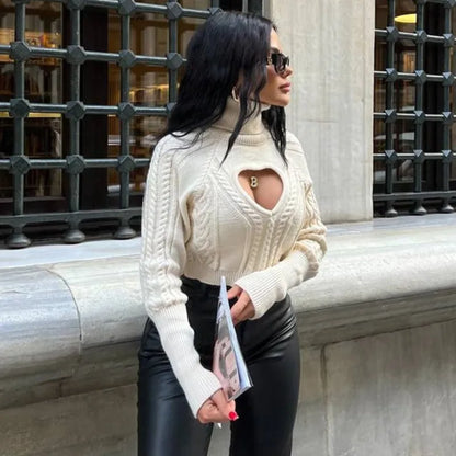 maoxiangshop  -  Women's Sweater Sexy Turtle Neck Love Hollow Pullover Sweater Autumn Winter Twist Knitted Short Street Casual Top Female
