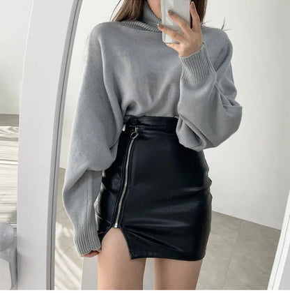 maoxiangshop Black Mini Sexy Skirt Sexy High Waist Package Hip Pencil Skirt Women Korean Fashion Pu Faux Leather Split Zipper Short Skirts