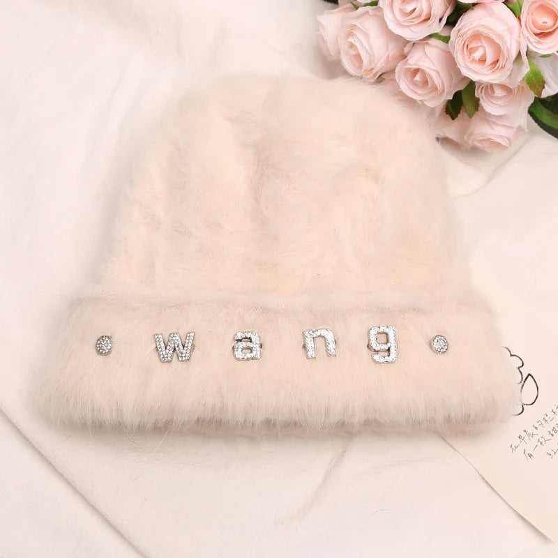 maoxiangshop New Fashion Rabbit Fur Y2k Beanies for Women Soft Warm Fluffy Angola Winter Hat Female Windproof Bonnet Hat Skullies Cap