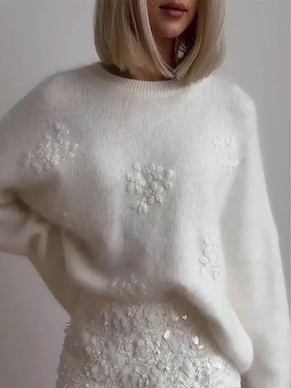 maoxiangshop  -  Fashion Lady Jacquard Embroidery Solid Knitted Sweater Casual O Neck Long Sleeves Loose Pullover Autumn Winter Chic Lady Jumpers