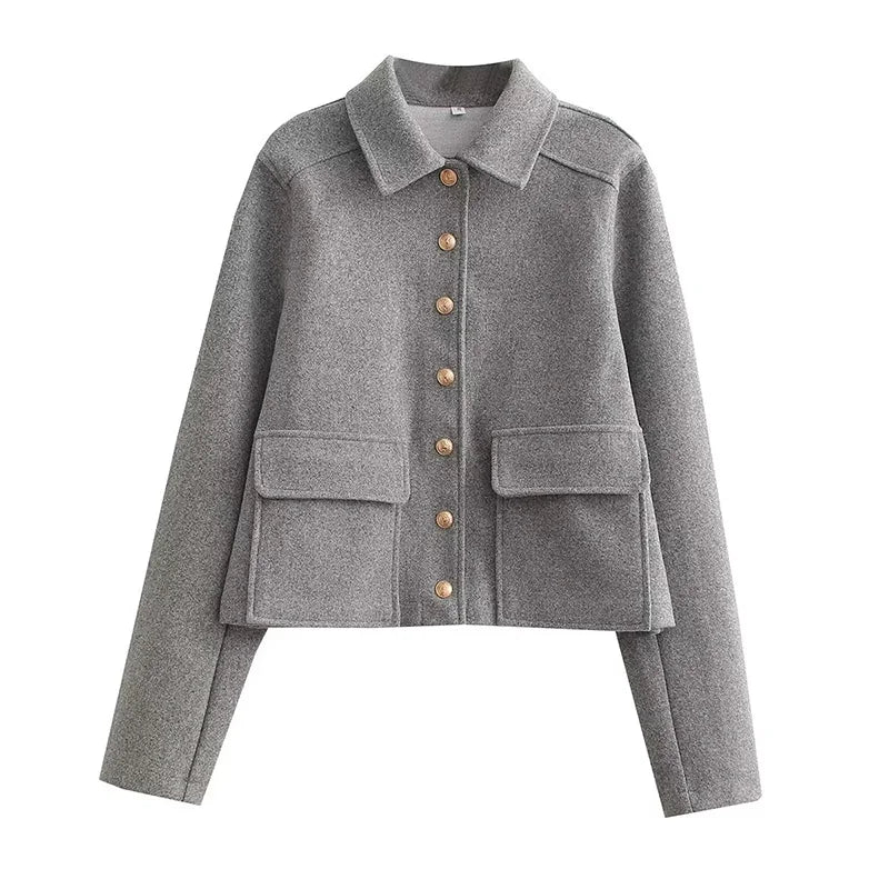 maoxiangshop Autumn Jacket Women Vintage Fashion Metal Button Cropped Coat Female Elegant Casual Long Sleeve Lapel Single Breasted Outerwear