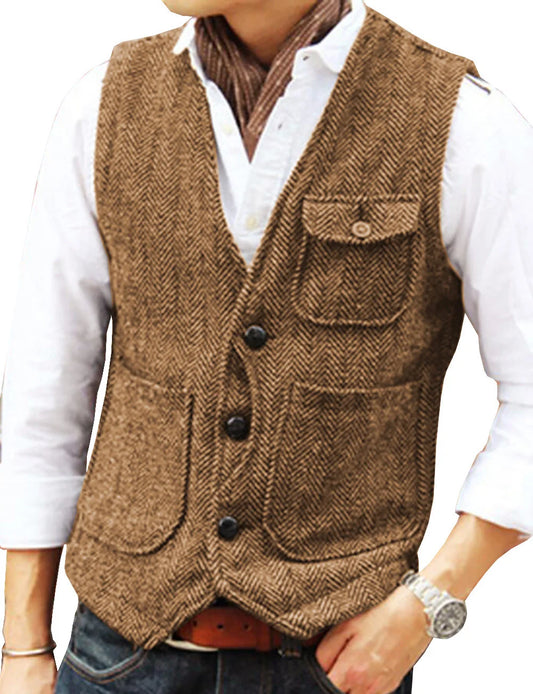 maoxiangshop Men's Vests Business Suit Vest Herringbone Tweed V Neck Formal Waistcoat For Wedding Suit Or Tuxedo Men Vest
