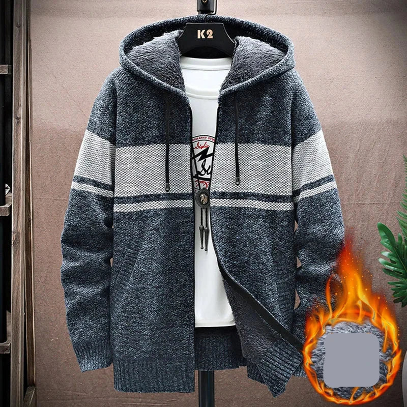 maoxiangshop WINTER OUTFITS Autumn Korean Hooded Men's Sweater with Thick and Velvet Men Cardigan Knitted Sweater Coat Stripe Jacket Male M-4XL