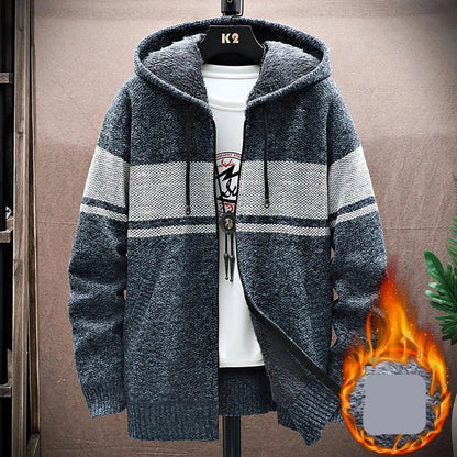 maoxiangshop WINTER OUTFITS Autumn Korean Hooded Men's Sweater with Thick and Velvet Men Cardigan Knitted Sweater Coat Stripe Jacket Male M-4XL