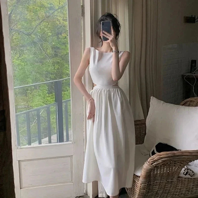 Elegant Black Dress Women Hollow Out White Midi A Line Dresses Office Lady Korean Spaghetti Strap Slim Vestidos Sundress