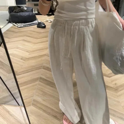 White Basic Linen Women Pants Elastic Waist Harajuku Korean Fashion Baggy Trousers Female Thin Oversized Casual Summer