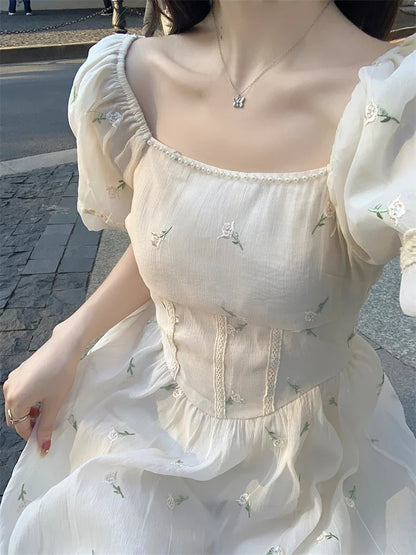 maoxiangshop Chic Dress for Women Square Collar Puff Sleeve Summer Robe Femme Vestidos De Mujer Embroider Flower Sweet Dot Maxi Dresses