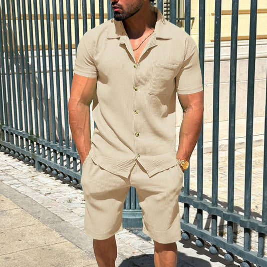 maoxiangshop Solid Color Texture Shirts And Shorts Mens Two Piece Sets Summer Casual Short Sleeve Buttoned Lapel Shirt Outfits Men Streetwear