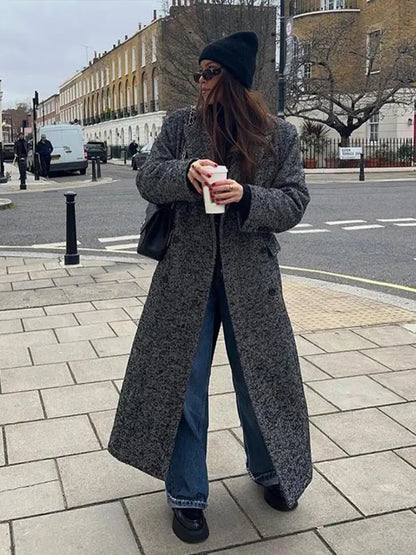 maoxiangshop  -  Elegant Gray Long Coat Women Woolen Double Breasted Turn-down Collar Oversize Thick Outwear 2024 Autumn Chic Casual Overcoat