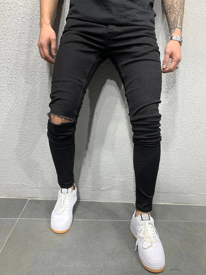 maoxiangshop Distressed Knee Holes Elastic Skinny Jeans Men Ripped Biker Denim Pants Solid Washed Streetwear Black Pantalones Hombre Joggers