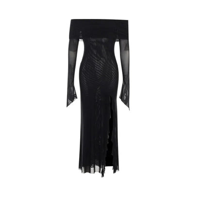 maoxiangshop Women Black Sexy Long Dress Off Shoulder Elegant Irregular Ruffles Split Evening Party Dresses Bodycon Gothic Lace Dress