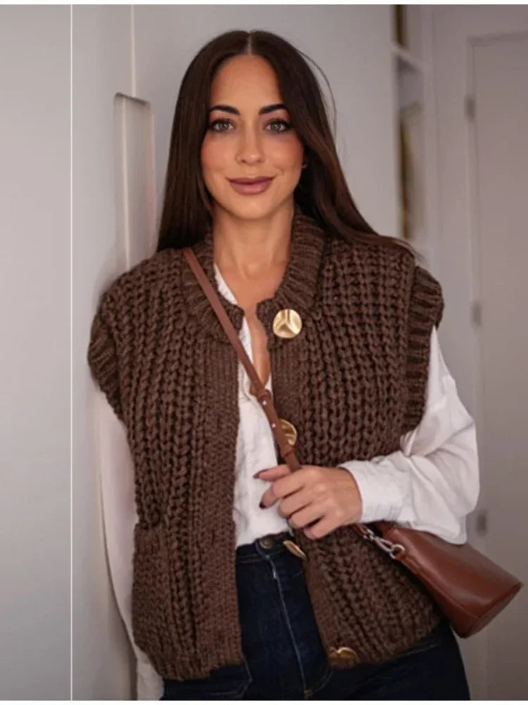 maoxiangshop  -  Vintage Knit Waistcoat Women Solid Round Neck Single Breasted Sleeveless Pocket Sweater Vests 2024 Autumn Winter Casual Lady Top