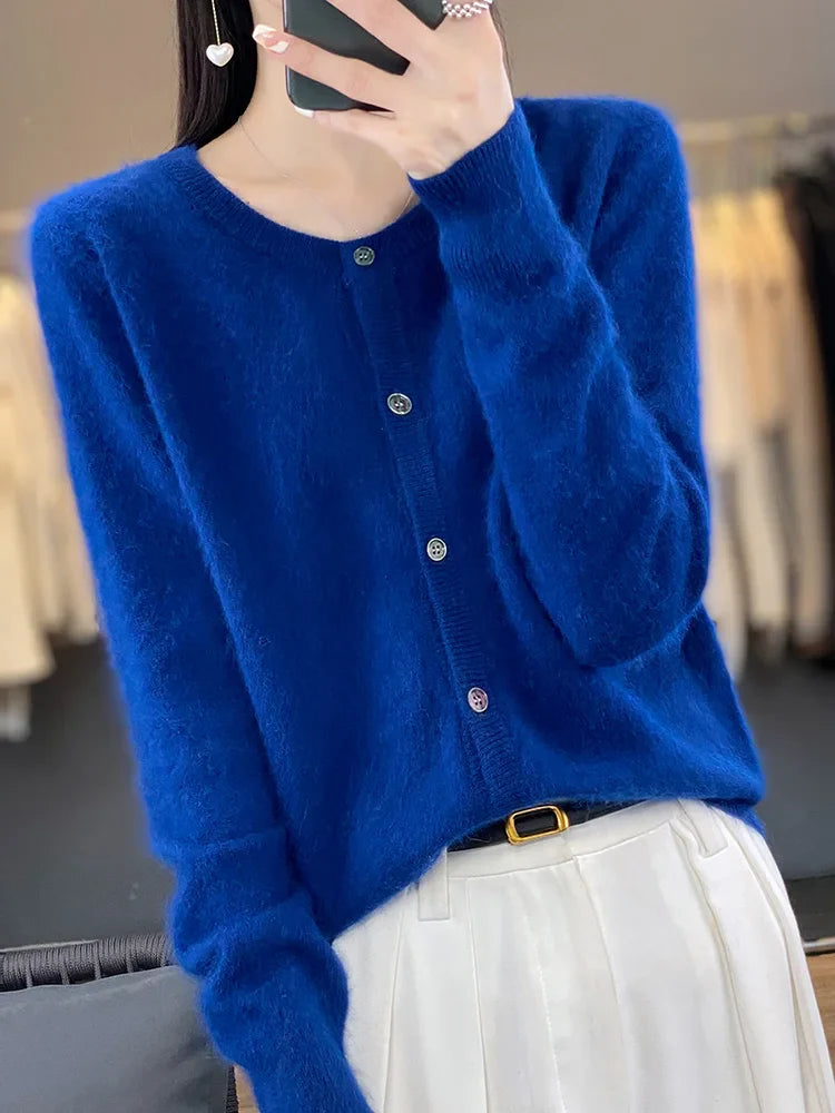 maoxiangshop Aliselect Women Cardigan Super Warm Pure Mink Cashmere Sweaters O-neck Loose Female Clothes Ladies' Solid Color Knitwear Tops