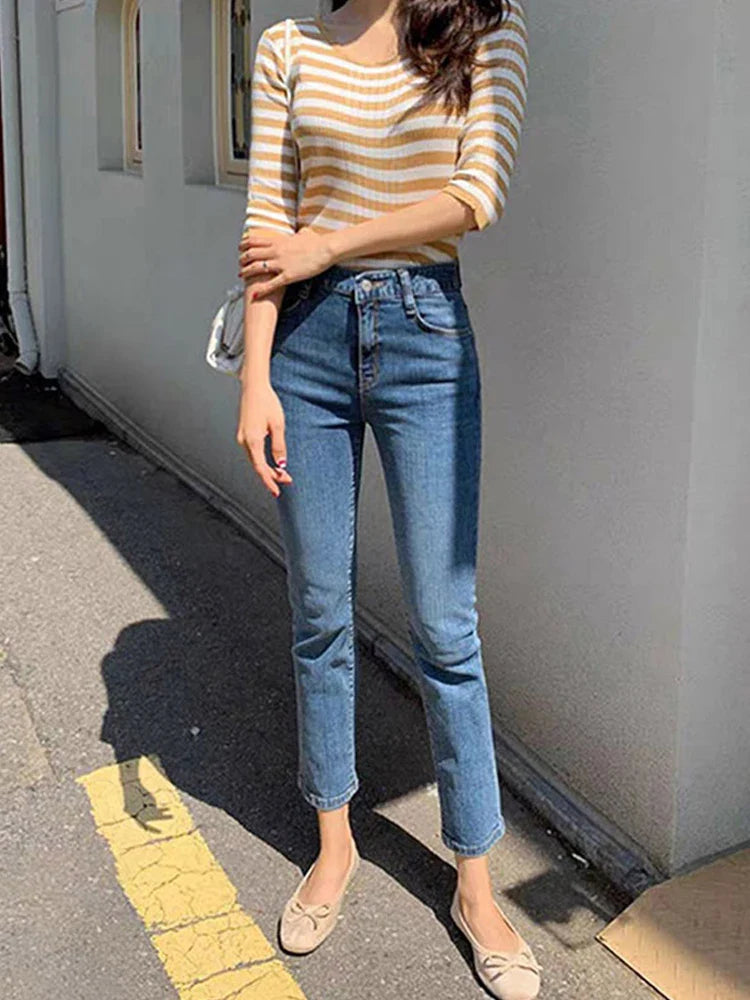 maoxiangshop High Waist Pockets Boyfriend Jeans Women Stretch Blue Ladies Denim Cargo pants Straight Pants Washed Trousers Streetwear Jeans