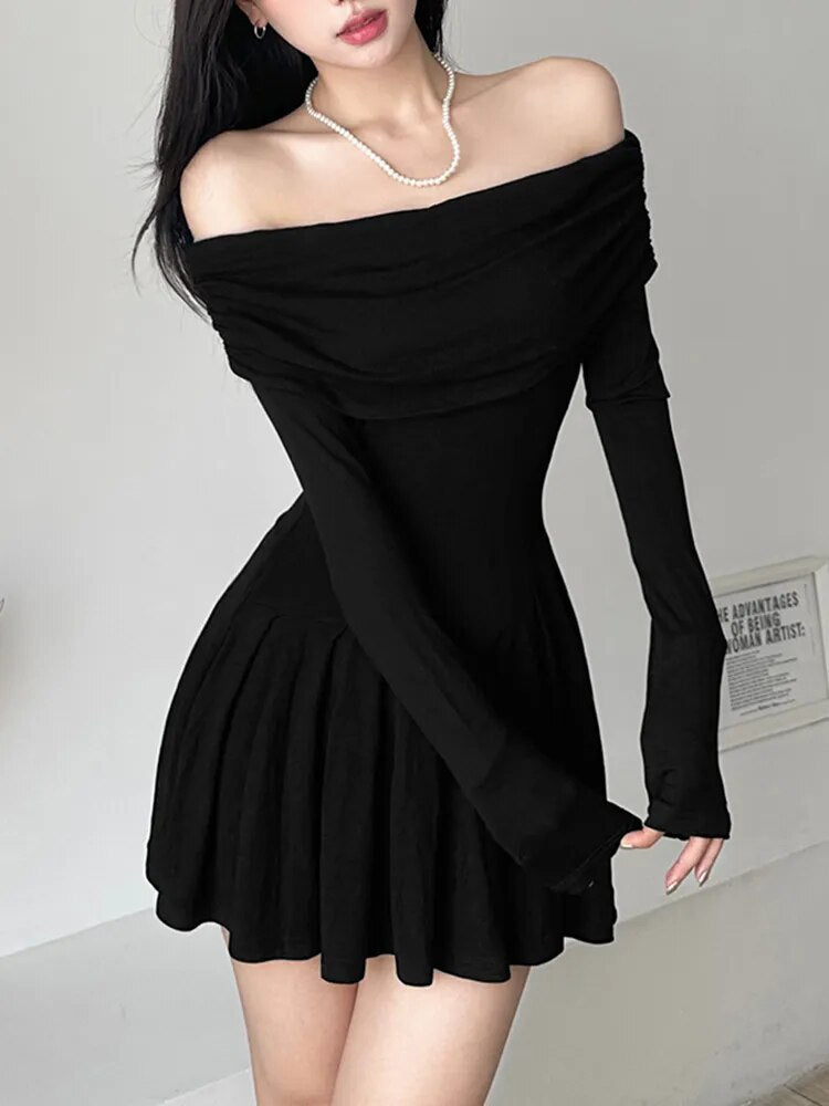 maoxiangshop Casual Pleated A-line Dress y2k Elegant Solid Black Slash Neck Long Sleeve Loose Dresses for Women Autumn All-match