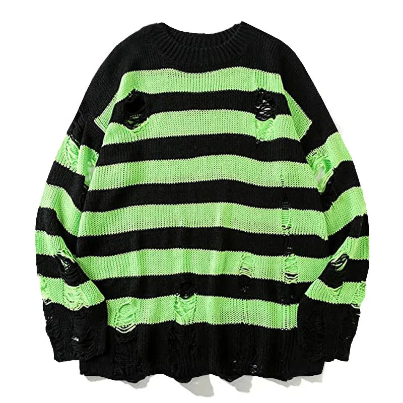 maoxiangshop Black Stripe Sweaters Destroyed Ripped Sweater Men Pullover Hole Knit Jumpers Men Oversized Sweatshirt Harajuku Long Sleeve Tops