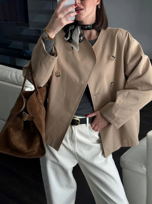 maoxiangshop  -  Fashion Solid Color Double-breasted V-neck Women's Jacket Casual Long Sleeved Versatile Coats New Autumn Commute Outerwear 2024