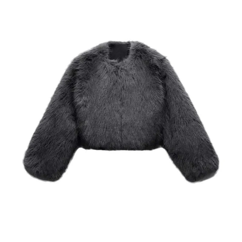 maoxiangshop  -  Short Faux Fur Coats Women Plush Autumn Winter O-neck Open Stitch Loose Women's Coat Long Sleeve Casual Jacket Female Streetwear