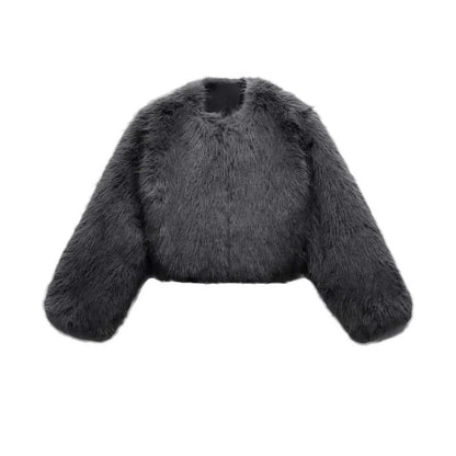 maoxiangshop  -  Short Faux Fur Coats Women Plush Autumn Winter O-neck Open Stitch Loose Women's Coat Long Sleeve Casual Jacket Female Streetwear