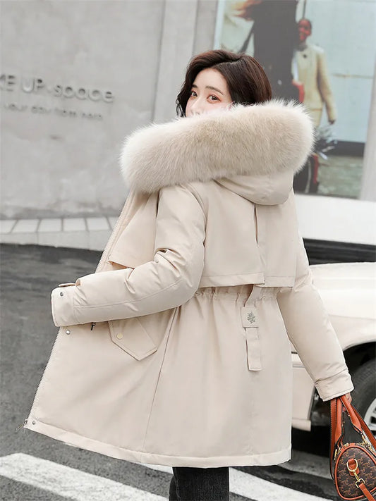 maoxiangshop Winter Coat Low Price On Sale Women Beige Add Wool Thick Warmth Fur Hooded Parkas Jacket New Fashion Belt Slim Cotton Coat